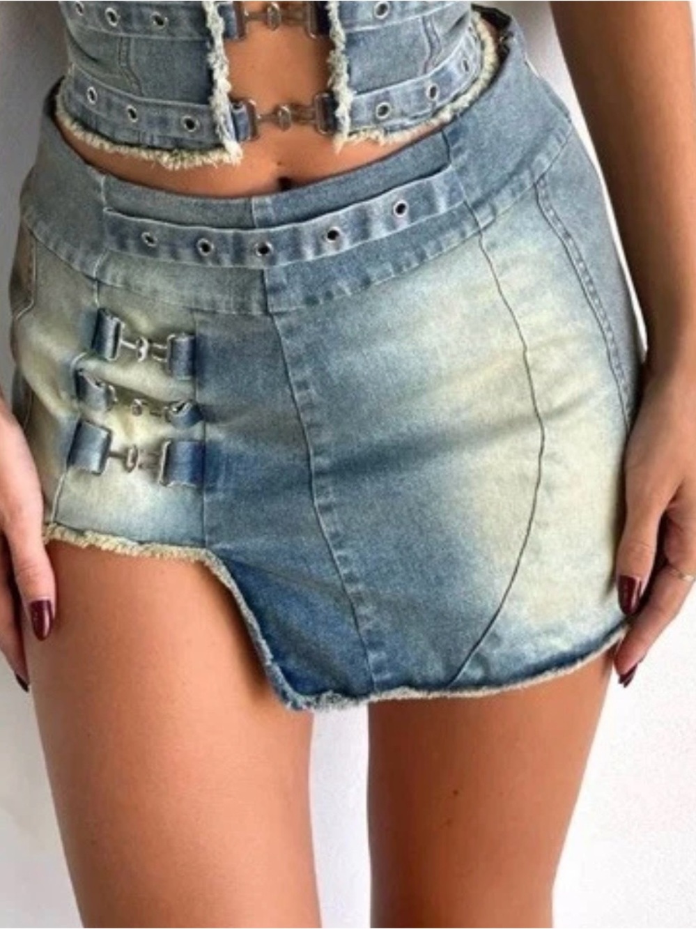 Denim Mini Skirt with Buckle Accents - Blue